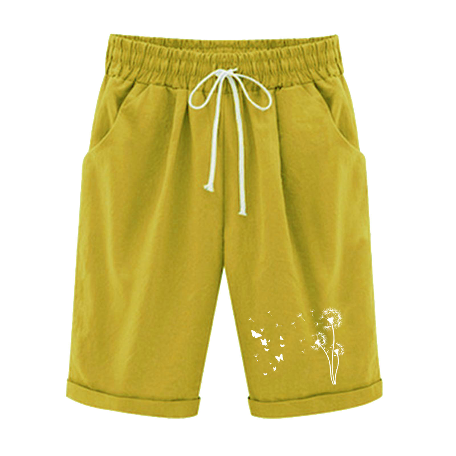 Womens Cotton Linen Shorts Knee Length Casual Summer High Waisted Drawstring Shorts with Pockets